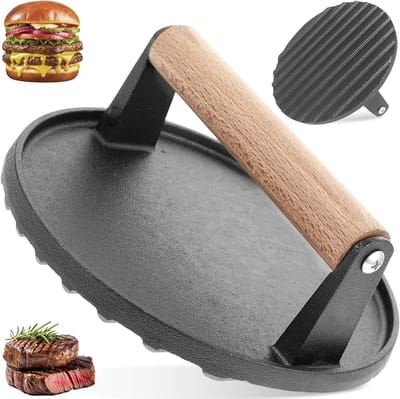 Robuuste hamburgerpers van gietijzer met houten handvat, ideaal voor grillen, steaks en burgers, 17 cm