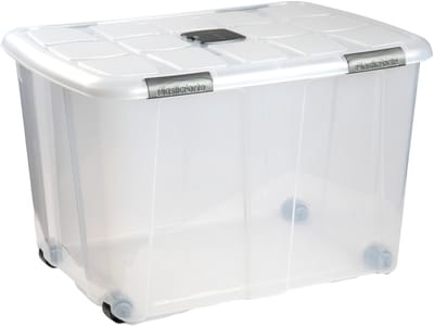 Plasticforte Opslagbox - 1x stuks - met deksel - 130L - 74 x 54 x 48 cm - transparant - opbergbak - met wielen