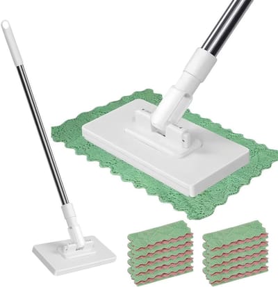 Mini Mop met Push Clamp Systeem, Automatische Doekwissel en 10 Herbruikbare Doeken voor Badkamer, Keuken en Kantoor