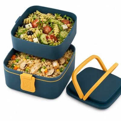 VHV-Dubbellaagse Lunchbox met Handvat - Lekvrije Bento Box voor Werk en School - Magnetronbestendige Etenhouder - Blauwe Maaltijdbox voor Fitness en Studenten - Duurzame Lunchcontainer