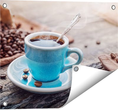 Gards Tuinposter Blauw Kopje Koffie met Koffiebonen - 50x40 cm - Tuindoek - Tuindecoratie - Wanddecoratie buiten - Tuinschilderij