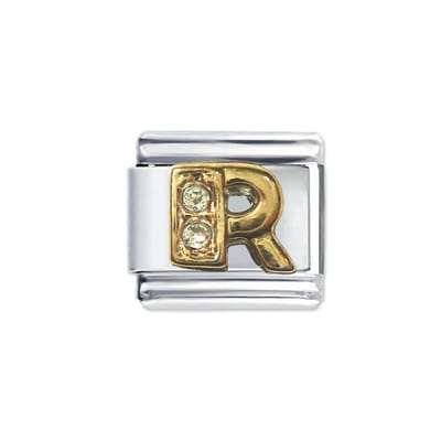 Schakel Bedel - Letter R - met strass - 9mm- Passend op Italiaanse Bedelarmband - Plated