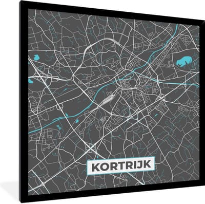 Fotolijst incl. Poster - België – Kortrijk – Stadskaart – Kaart – Blauw – Plattegrond - 40x40 cm - Posterlijst