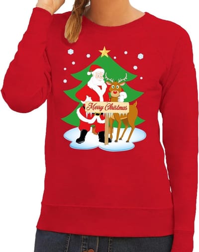 Bellatio Decorations Foute kersttrui - sweater - De kerstman en rendier Rudolf - rood - voor dames - Kersttruien XS