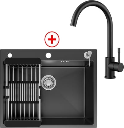 CECIPA max Spoelbak Keuken 60x49CM - Met keukenkraan - Gootsteen RVS - Spoelbak Met Kraangat - Spoelbak Met Zeepdispenser - Overloop en Sifon - Antraciet