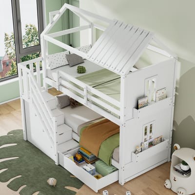 DESMIU Kinder Stapelbed 90x200 Cm Met Opbergladder, Lades En Planken, Extra Veel Opbergruimte Voor Kinderkamer, Grenenhout En Mdf, Wit, Zonder Matras
