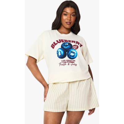 boohoo Dames Plus Blueberry Oversized Bedrukt T-shirt | Ecru | Maat: 46
