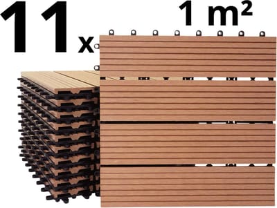 Terrastegels - WPC Composiet Kunststof - 11 Stuks - 1 m² - Terracotta - 4 Latjes - Vlondertegels - Balkontegels - Onderhoudsvrij - Makkelijke en Snelle Montage