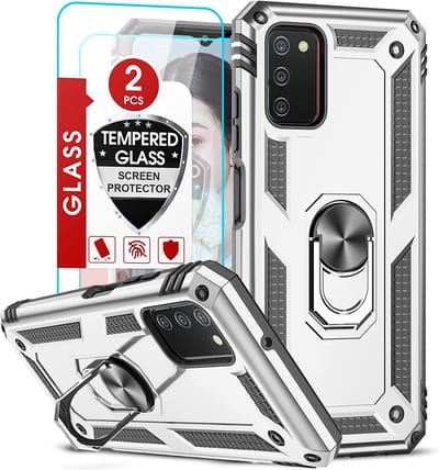 Hoesje Geschikt Voor Samsung Galaxy A03 Hoesje Anti-Shock Hybrid Armor hoesje Zliver - Hoesje Geschikt Voor Samsung Galaxy A03 kickstand Ring houder TPU backcover hoesje - met screenprotector Galaxy A03 - 2 pack