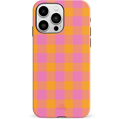 xoxo Wildhearts Brunch o'clock hoesje Double Layer - Hoesje met ruiten geschikt voor iPhone 13 Pro hoesje - Dames hoesje geschikt voor iPhone 13 Pro - Kleurrijk hoesje - shockproof case - Geruit hoesje - oranje / paars