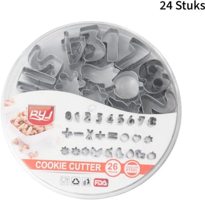 26 stuks - Roestvrijstalen koekjesvormen set - Cijfers en dieren motieven - Voor bakken en DIY - Scherp en duurzaam - Met ijzeren opbergdoos - Multicolor