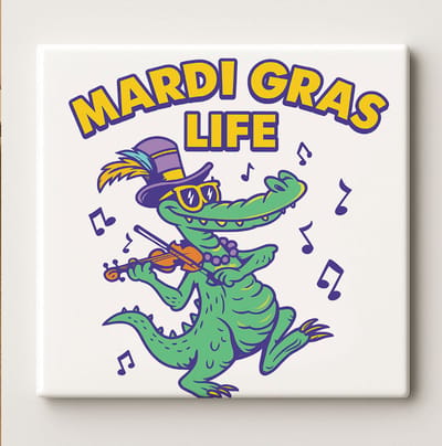 Mardi Gras Life Keramische Tegel – 15x15 cm Grappige Alligator Muziek Ontwerp – Kleurrijke Feest Wandtegel & Party Huisdecoratie