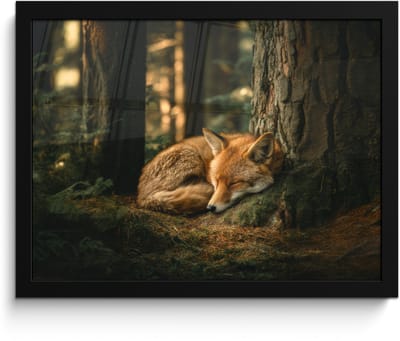 Poster in lijst - Fotolijst 40x30 cm - Posters - Vos - Bos - Slapen - Posterlijst zwart - Decoratie - Wanddecoratie woonkamer - Muurdecoratie slaapkamer
