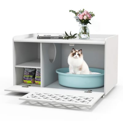 COSTWAY Kattenkast voor kattentoilet, 4-in-1 kattenhuis, schoenenbank, bijzettafel, kattenmand met ingang en haak en afneembaar kussen, kattenbak, kast, kattenmeubels, katten honden, huisdieren, wit