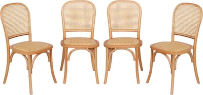 sweeek - Set van 4 vintage houten stoelen met zitting en rugleuning van rotan - montparnasse