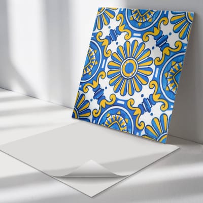 Wallfluent Vinyl Tegels - Bloemenpatroon op tegels Zelfklevende PVC Tegels - 30 cm x 30 cm - Blauw Vinyl Tegels - Verpakking van 9 stuks - Vierkant PVC Tegels - Texturen Plaktegels - Vinyl Vloer Tegels - Plaktegels Keuken en Badkamer