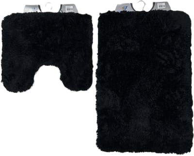 Wicotex - Badmat set met Toiletmat - WC mat met uitsparing Bergen Uni Zwart - Antislip onderkant - Fluffy zacht