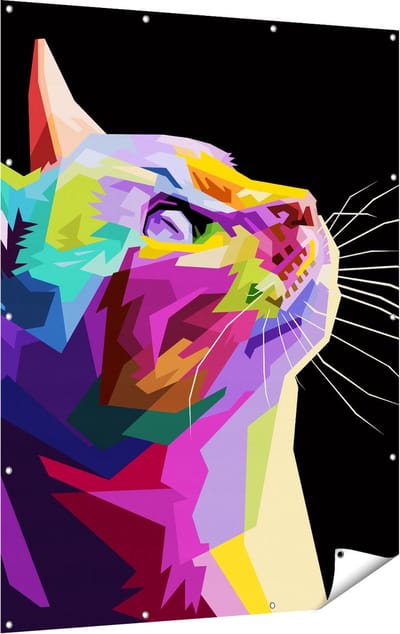 Gards Tuinposter Kleurrijke Kat Kijkt naar Boven - Abstract - 120x160 cm - Tuindoek - Tuindecoratie - Wanddecoratie buiten - Tuinschilderij