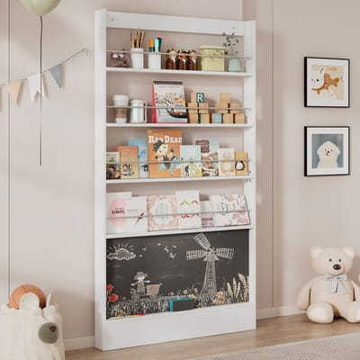 DESMIU Boekenrek - Ultradun Opbergrek Met Krijtbord En Kantelbeveiliging - Voor Kinderkamer En Woonkamer - MDF En Metaal - 100x10x180 Cm - Wit