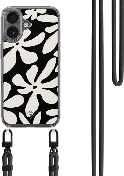 Casimoda® hoesje met koord - Geschikt voor iPhone 16 - Noir Bloom - Afneembaar koord - TPU/polycarbonaat - Zwart