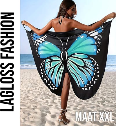 LaGloss® Boho Chic Strandjurk Cover-Up – Blauwe Vlinderprint – Zwemkleding Omslagdoek – Maat XXL – Lichtgewicht & Sneldrogend
