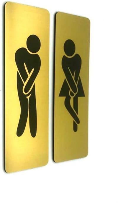 Deurbordje Toilet - WC bordjes - Tekstbord WC - Toilet bordje - WC - Bordje - Heren Dames Toilet Man Vrouw Hoge Nood - Geborsteld Goud Look - Pictogram - Set van 2 - incl. 3M-tape plakstrip - 5 cm x 15 cm x 1,6 mm - 5 Jaar Garantie