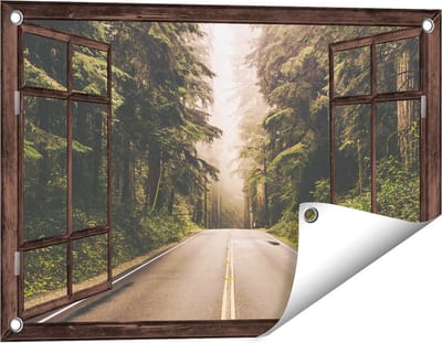 Gards Tuinposter Doorkijk Highway in Californië Omring met Bos - 60x40 cm - Tuindoek - Tuindecoratie - Wanddecoratie buiten - Tuinschilderij