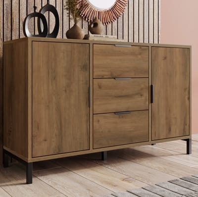 MEUNIQ dressoir 120 x 40 x 76 cm met 2 deuren en 3 laden, verstelbare plank, donkere eik, opbergkast voor slaapkamer en woonkamer