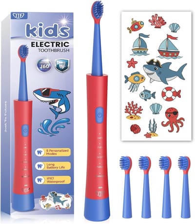 JTF Elektrische tandenborstel voor kinderen vanaf 3 jaar – Sonische tandenborstel met 5 poetsstanden, 4 opzetborstels, slimme timer, IPX7-waterbestendigheid en doe-het-zelf-stickers (voor meisjes)