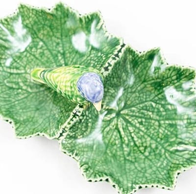 Bordallo Pinheiro Folhas Serveerschaaltje - Dubbelblad - Blauwe Vogel - Groen/Blauw - Aardewerk - 22 cm