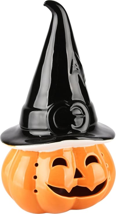 Dekoratief | Pompoen m/heksenhoed, zwart/oranje, porselein, LED, 13x13x24cm | A235918