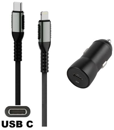 OneOne auto snellader + 0,5m OneOne USB C naar Lightning kabel. 20W lader. Universele autolader adapter past op Apple iPhone 5, iPhone 5c, iPhone 5s, iPhone 6, iPhone 6 Plus, iPhone 6s, iPhone 7, iPhone 7 Plus, iPhone 8, iPhone 8 Plus