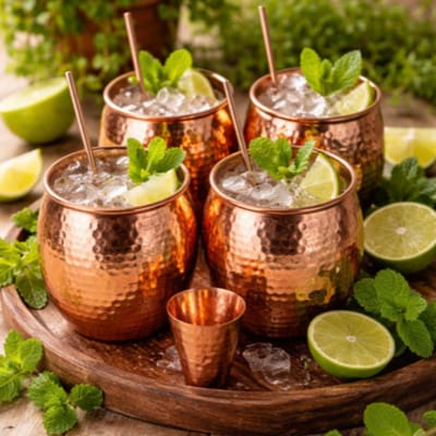 Puur koperen moscow mule set gehamerd - 4 bekers met shot bekertje en 4 rietjes - voor feesten en cocktailparties
