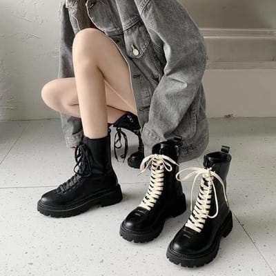 Y2k Dames Platform Martin Boots Britse Stijl 2 Kleuren Veters Zwart Rits E Girl Punk Streetwear Winter Pluche Mode Schoenen 35 zwart
