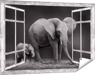 Gards Tuinposter Doorkijk Olifant Moeder en Zoon - Zwart Wit - 120x80 cm - Tuindoek - Tuindecoratie - Wanddecoratie buiten - Tuinschilderij
