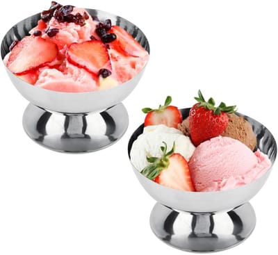 QTTVBTNA - 2-Delige RVS Dessertschalen met Voet Ø10 cm 200 ml – Herbruikbare IJsbeker Set – Roestvrij Staal – Geschikt voor IJs, Dessert, Fruit, Yoghurt en Pudding – Stijlvol voor Feest, Bruiloft, Diner en Thuisgebruik