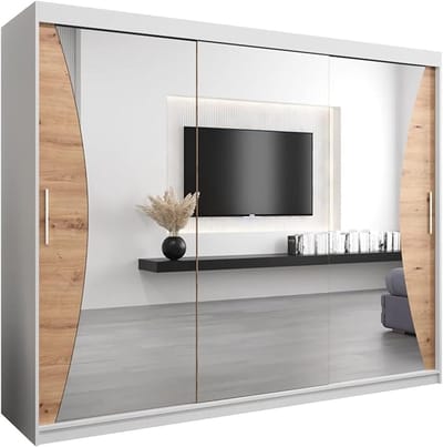 Kledingkast 250 x 200 x 62 cm met Spiegel en 3 Schuifdeuren – Moderne Garderobekast met Planken en Kledingstang – Wit met Artisan Eiken – Abkantoor Monaco Luxe