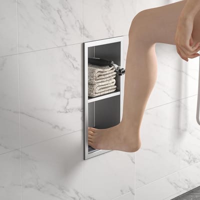 Doucheplank van roestvrij staal voor inbouwbadkamer - extra opbergruimte - 31 cm x 12 cm - inclusief voetensteun - eenvoudige bovenmontage | Modern design - geen tegels nodig - badkameraccessoire