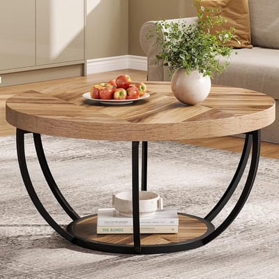 Ronde salontafel met 2 niveaus en opbergplanken - Industrieel modern design voor woonkamer en thuiskantoor