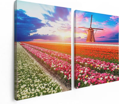 Artaza Canvas Schilderij Tweeluik Kleurrijke Bloemenveld Met Een Windmolen - 120x80 - Foto Op Canvas - Canvas Print