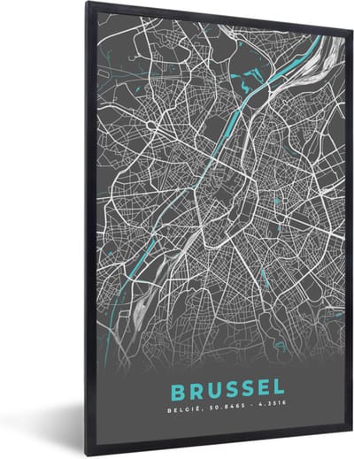 Fotolijst incl. Poster - België – Brussel – Stadskaart – Kaart – Blauw – Plattegrond - 40x60 cm - Posterlijst