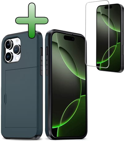 Hoes Geschikt voor iPhone 16 Pro Hoesje Hard Case Met Pas Houder Met Screenprotector - Hoesje Geschikt voor iPhone 16 Pro Hoes Shockproof Hard Cover Met Kaarthouder - Donkerblauw