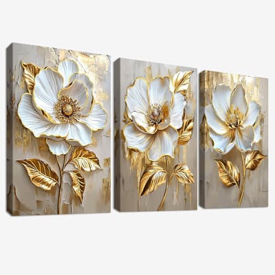 Set 3 houten ingelijste canvas wanddecoratie - witte pioenroos bloemenschilderij beige gouden bladeren - modern schilderij voor woonkamer slaapkamer hal - 40 x 30 cm