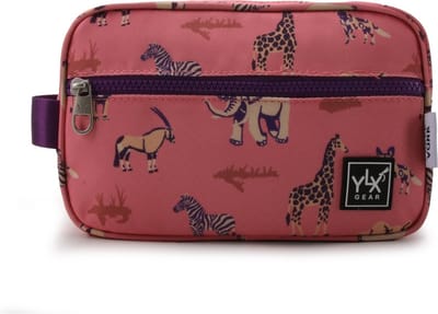 SALE: YLX Gear & Freek Vonk Willow Toiletry Bag | Koraal roze & Safari | Roze, koraal met zebra, giraffe, leeuw, olifant |Toilettas, logeren, vakantie | kinderen, jongens, meisjes | dierenprint, safari