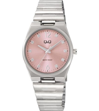 Q&Q Q84B-003PY - Horloge - Polshorloge - Analoog - Dames - Vrouwen - stalen band - Metaal - Overig - Cijfers - Stippen - Briljanten - Zilverkleurig - Roze