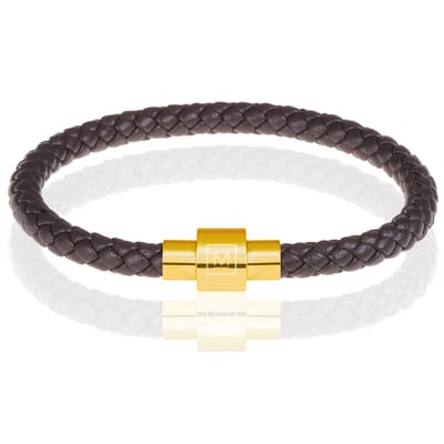 Memphis armband leer met edelstaal Donkerbruin Goudkleurig-24cm