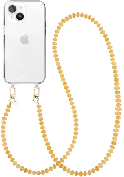xoxo Wildhearts siliconen hoesje geschikt voor iPhone 15 Plus - Dusty Yellow - Lang koord - Telefoonhoesje - Hoesje met koord - Kralenketting - Geel telefoonkoord - Transparant hoesje