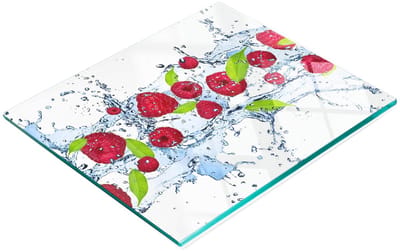 Multifunctionele decoratieve glazen keukenplank met frambozen en watermotief, 60x52 cm