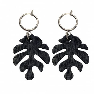 Klem oorbellen -zwart -hout- boomblad-geen gaatje-Charme bijoux