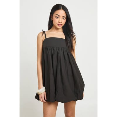 boohoo Dames Katoenen Popeline Pofbal Mini Jurk | Zwart | Maat: 36